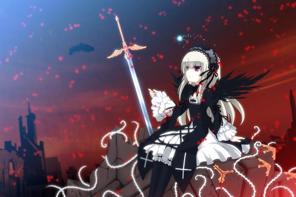 Anime picture 1800x1200 with rozen maiden suigintou uiu single blush highres simple background sitting looking away silver hair white hair red background black wings lolita fashion girl dress hair ornament ribbon (ribbons) weapon hair ribbon