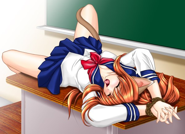 Anime picture 2200x1600 with tomoya kankurou highres light erotic animal ears cat girl bondage girl uniform school uniform
