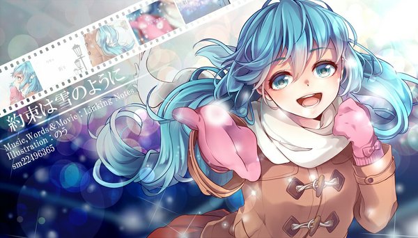 Anime picture 1000x571 with vocaloid hatsune miku nou single looking at viewer open mouth wide image twintails very long hair aqua eyes aqua hair girl scarf coat mittens