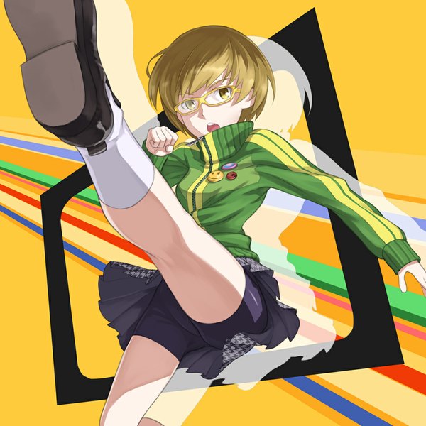 Anime picture 1000x1000 with persona 4 persona satonaka chie mofu single looking at viewer short hair open mouth light erotic blonde hair yellow eyes shadow kick girl skirt miniskirt socks glasses shoes white socks