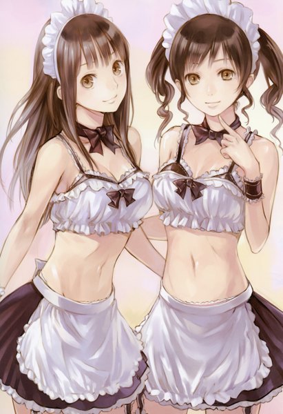 Anime picture 2386x3476 with original kishida mel long hair tall image looking at viewer blush fringe highres brown hair standing twintails multiple girls brown eyes cleavage head tilt light smile bare belly maid zettai ryouiki hug