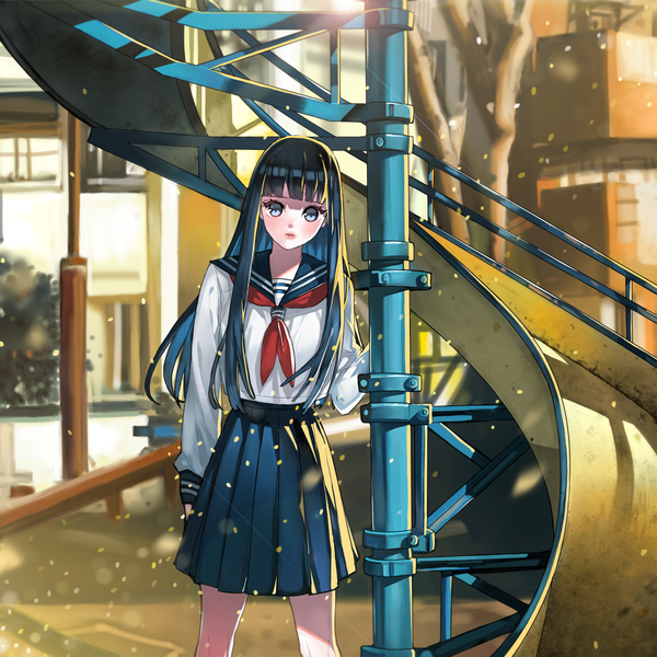 Anime picture 2169x2172 with original arutera single long hair tall image looking at viewer blush highres blue eyes black hair girl skirt serafuku