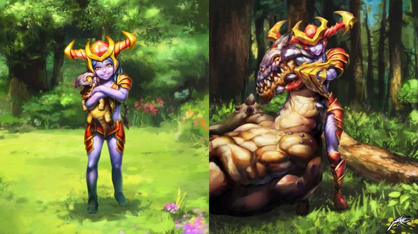 Anime picture 1920x1080 with league of legends shyvana (league of legends) dragon (league of legends) phantom (ptcrow) looking at viewer highres smile wide image standing yellow eyes orange eyes fantasy purple skin girl plant (plants) tree (trees) armor grass forest helmet