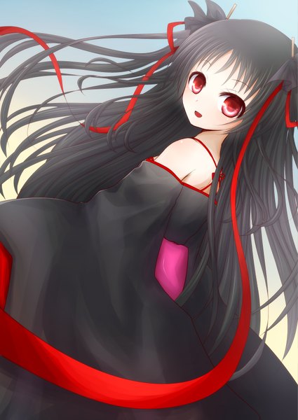 Anime picture 627x885 with machine-doll wa kizutsukanai yaya (machine-doll) neko nadeshiko single long hair tall image looking at viewer blush fringe open mouth black hair simple background smile red eyes twintails bare shoulders looking back wide sleeves gradient background girl