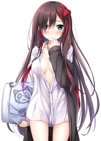 Anime picture 1072x1500 with original yoye (pastel white) single long hair tall image blush fringe breasts light erotic simple background hair between eyes brown hair large breasts standing white background holding red hair long sleeves nail polish hair flower