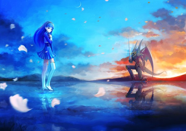 Anime picture 1000x707 with magic knight rayearth clamp ryuuzaki umi g tong long hair blue eyes blue hair sky cloud (clouds) kneeling reflection crescent girl thighhighs uniform weapon petals sword wings water
