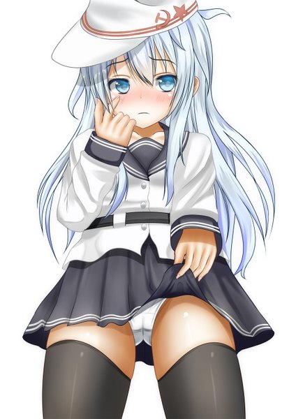 Anime picture 1060x1500 with kantai collection hibiki destroyer verniy destroyer single long hair tall image looking at viewer blush blue eyes light erotic simple background white background white hair pantyshot hammer and sickle girl thighhighs skirt underwear panties