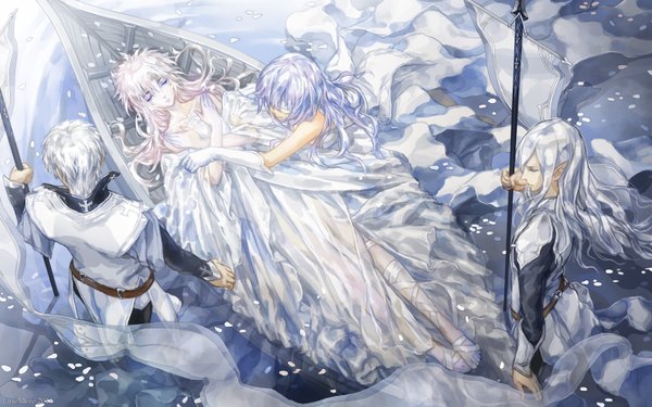 Anime picture 1440x900 with original pixiv fantasia pixiv fantasia v jane mere long hair short hair wide image multiple girls pink hair silver hair white hair lying eyes closed pointy ears girl dress boy gloves petals water