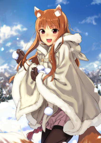 Anime picture 1447x2046 with spice and wolf horo kawakami rokkaku single long hair tall image blush fringe open mouth standing animal ears cloud (clouds) bent knee (knees) tail animal tail orange hair happy snow mountain wolf ears