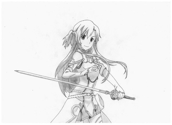 Anime picture 2338x1700 with sword art online a-1 pictures yuuki asuna single long hair looking at viewer highres simple background smile white background monochrome girl weapon sword