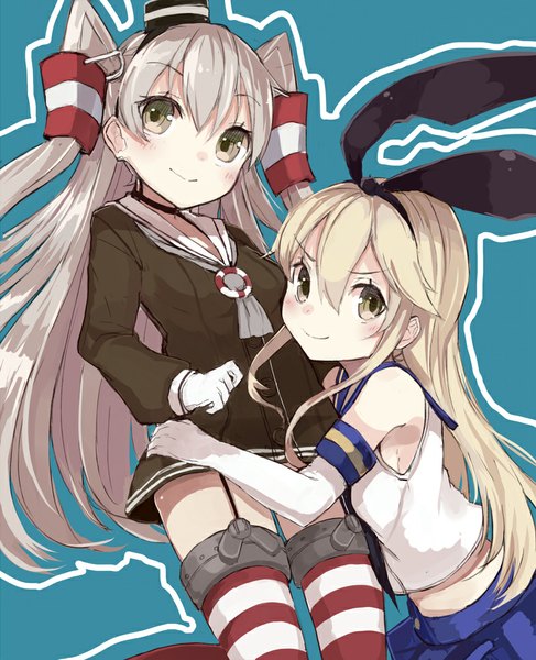 Anime picture 813x1000 with kantai collection shimakaze destroyer amatsukaze destroyer kou mashiro long hair tall image looking at viewer blush blonde hair multiple girls brown eyes light smile grey hair two side up hug outline girl thighhighs dress skirt