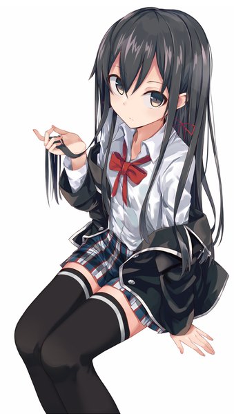 Anime picture 791x1400 with yahari ore no seishun love comedy wa machigatteiru. brains base (studio) yukinoshita yukino monobe tsukuri single long hair tall image looking at viewer black hair simple background white background brown eyes girl thighhighs skirt uniform black thighhighs school uniform shirt