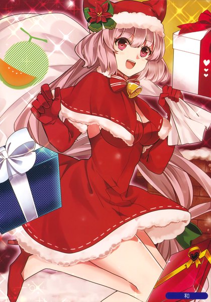 Anime picture 2311x3300 with original melonbooks nagomi (mokatitk) single long hair tall image looking at viewer fringe highres open mouth red eyes pink hair bent knee (knees) scan sparkle fur trim christmas girl dress gloves