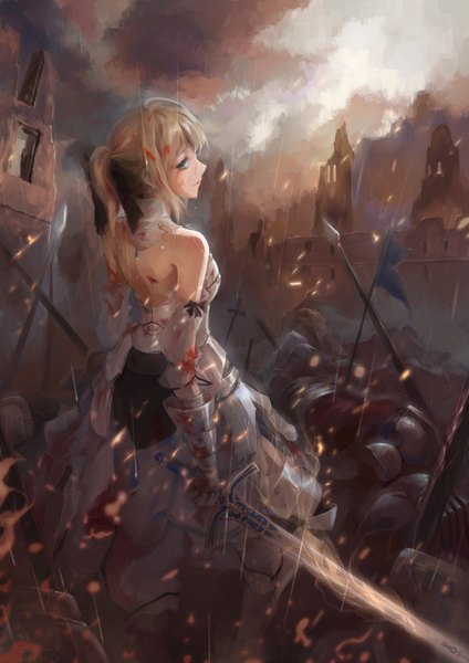 Anime picture 1447x2046 with fate (series) fate/unlimited codes type-moon artoria pendragon (all) saber lily bzerox tall image blonde hair bare shoulders green eyes ponytail rain ruins knight girl gloves ribbon (ribbons) weapon hair ribbon detached sleeves