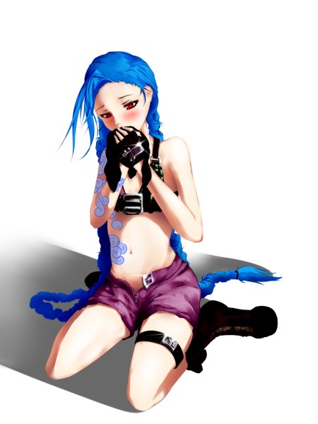 Anime picture 2400x3200 with league of legends jinx (league of legends) bbayu single tall image blush highres breasts light erotic simple background red eyes white background sitting bare shoulders blue hair braid (braids) very long hair tattoo twin braids flat chest