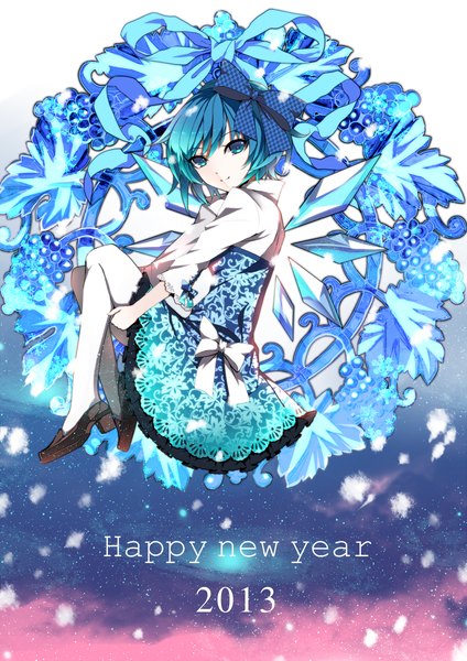 Anime picture 1000x1414 with touhou cirno karlwolf single tall image looking at viewer short hair blue eyes smile blue hair inscription happy new year girl dress bow hair bow pantyhose wings ice