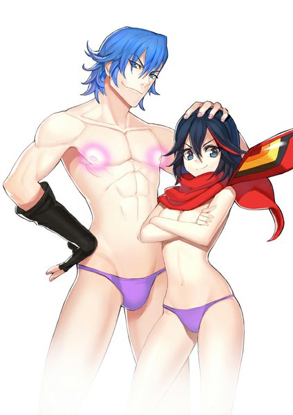 Anime picture 600x848 with kill la kill studio trigger matoi ryuuko senketsu mikisugi aikurou lloule tall image looking at viewer short hair breasts blue eyes light erotic black hair simple background smile white background multicolored hair two-tone hair streaked hair hand on hip