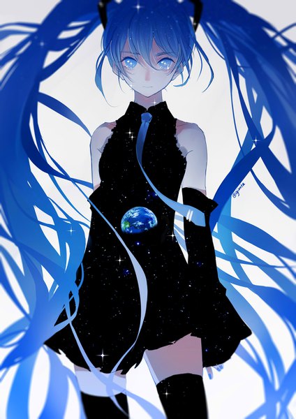 Anime picture 1000x1414 with vocaloid hatsune miku ajimita single tall image looking at viewer fringe blue eyes simple background hair between eyes standing white background twintails bare shoulders signed payot blue hair upper body very long hair nail polish