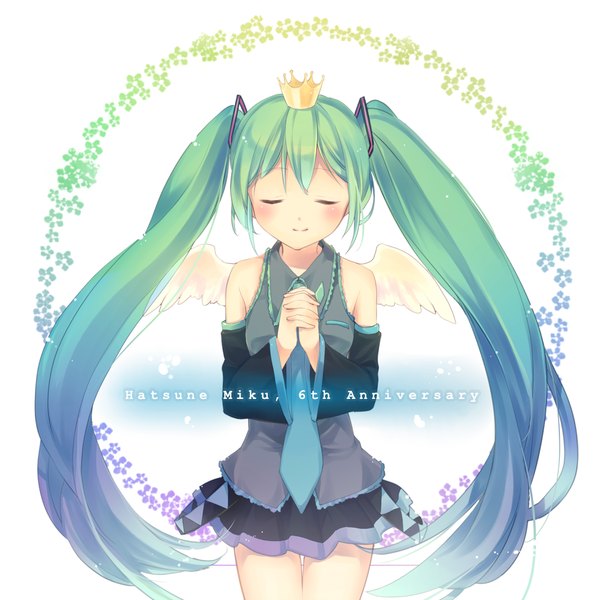 Anime picture 1120x1120 with vocaloid hatsune miku hinata honaka single blush smile twintails bare shoulders eyes closed very long hair aqua hair character names girl skirt detached sleeves wings necktie crown