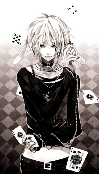 Anime picture 600x1050 with are you alice white rabbit (are you alice) iya-chen single tall image short hair red eyes holding animal ears white hair nail polish bunny ears monochrome pale skin checkered floor checkered checkered background bunny boy boy navel