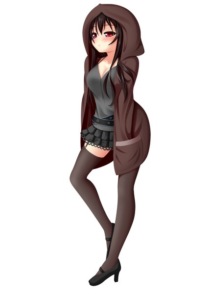 Anime picture 1072x1500 with original yoye (pastel white) single long hair tall image blush black hair simple background red eyes white background zettai ryouiki hands in pockets girl thighhighs skirt black thighhighs miniskirt hood