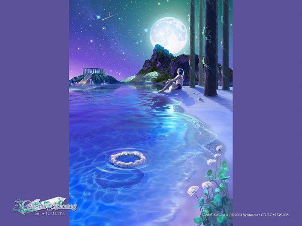 Anime picture 1600x1200 with kagaya realistic night night sky landscape rock shooting star 3d girl water moon star (stars) wreath pyramid