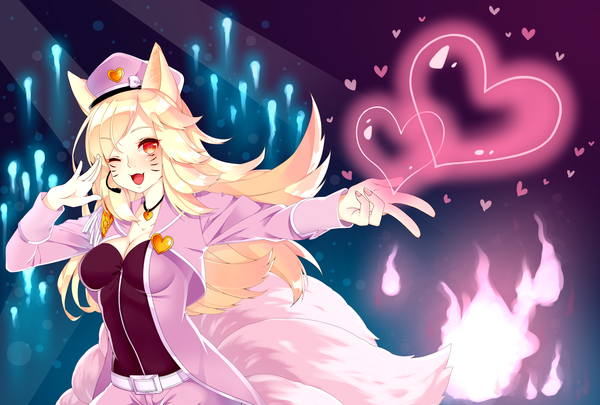 Anime picture 2000x1350 with league of legends ahri (league of legends) popstar ahri (league of legends) repachi (sicp) single long hair highres open mouth blonde hair smile red eyes animal ears tail :d animal tail one eye closed wink fang (fangs) fox ears outstretched arm