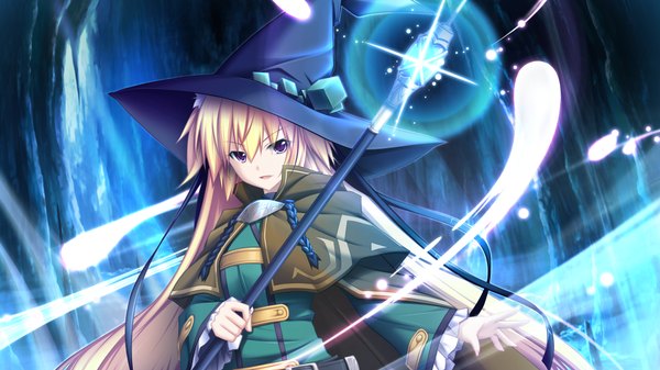 Anime picture 1024x576 with soukoku no arterial single long hair blonde hair wide image purple eyes game cg magic witch girl witch hat staff