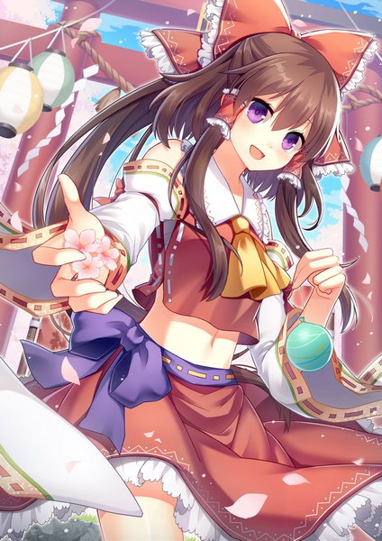 Anime picture 600x849 with touhou hakurei reimu hitsuki rei single long hair tall image blush open mouth brown hair purple eyes looking away ponytail traditional clothes japanese clothes midriff cherry blossoms outstretched hand nontraditional miko girl skirt