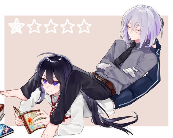 Anime picture 1503x1198 with touken ranbu nitroplus honebami toushirou namazuo toushirou asuma (hanezu) long hair fringe short hair black hair simple background hair between eyes purple eyes silver hair ahoge lying eyes closed barefoot light smile multiple boys crossed arms