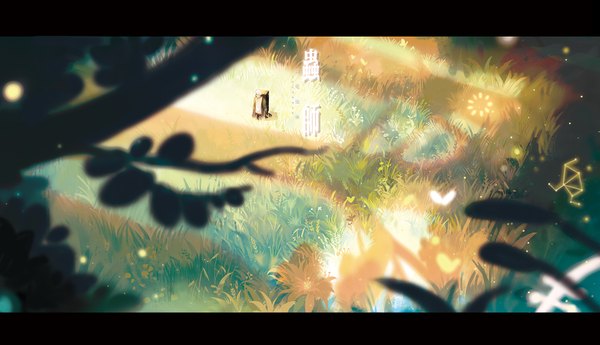 Anime picture 1996x1149 with mushishi ginko sarnath single fringe highres short hair wide image white hair from above hair over one eye boy flower (flowers) plant (plants) tree (trees) grass suitcase