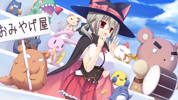 Anime picture 2048x1152 with natsu no majo no parade alisa crowley long hair highres open mouth red eyes wide image game cg grey hair girl skirt uniform school uniform hat toy witch hat stuffed animal stuffed toy