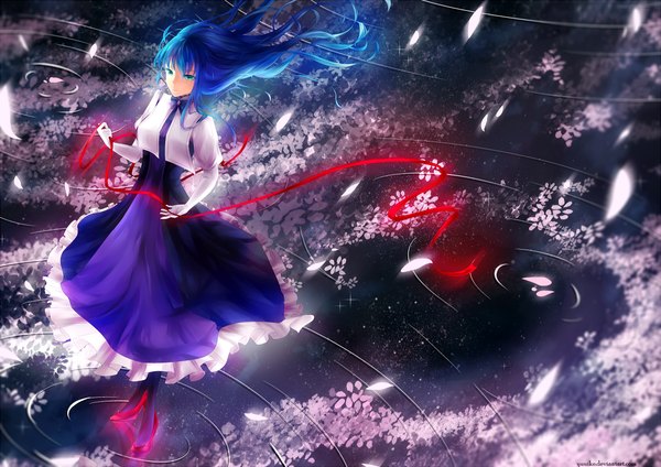 Anime picture 1166x825 with gates of sirona carnation von helgrinde yuuike single long hair breasts blue eyes holding blue hair looking away from above wind glowing reflection girl ribbon (ribbons) petals pantyhose water shoes