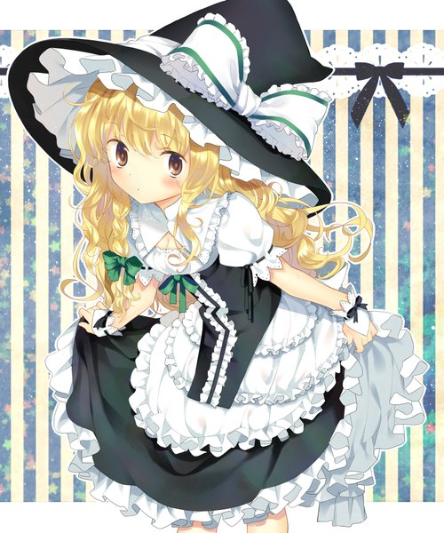 Anime picture 1500x1800 with touhou kirisame marisa hanabana (notenotenote) single long hair tall image blonde hair brown eyes braid (braids) striped curly hair striped background girl dress bow hat witch hat