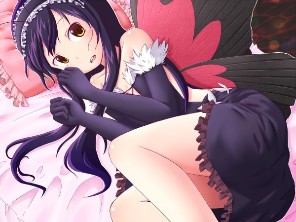 Anime picture 1200x900 with accel world sunrise (studio) kuroyukihime takamine (smdx) single long hair yellow eyes purple hair insect wings butterfly wings girl dress gloves elbow gloves headdress