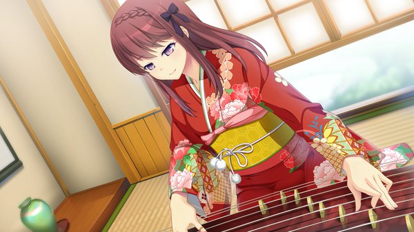 Anime picture 2560x1440 with kanojo step kano shiina single long hair highres brown hair wide image purple eyes game cg traditional clothes japanese clothes girl bow hair bow kimono obi musical instrument koto (instrument)