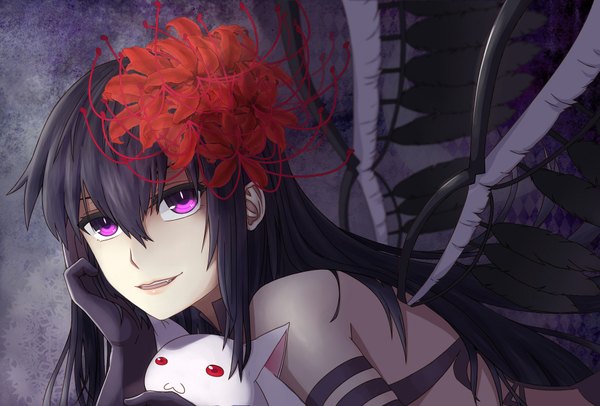 Anime picture 1829x1240 with mahou shoujo madoka magica shaft (studio) akemi homura kyuubee akuma homura single long hair looking at viewer highres open mouth black hair purple eyes hair flower girl gloves hair ornament flower (flowers) wings black gloves elbow gloves