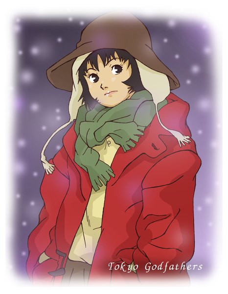 Anime picture 1582x2038 with tokyo godfathers madhouse miyuki (tokyo godfathers) kujira gunsou single tall image short hair black hair looking away black eyes inscription snowing winter snow hands in pockets girl hat scarf winter clothes