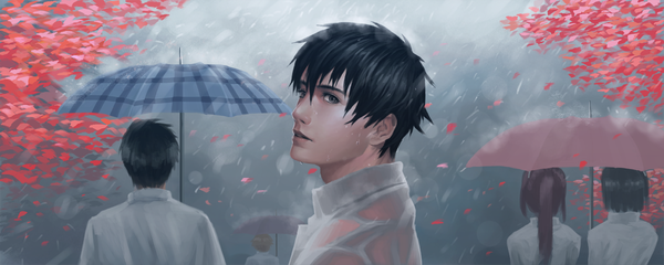 Anime picture 1200x480 with original penguin frontier long hair short hair open mouth black hair brown hair wide image multiple girls ponytail from behind realistic multiple boys teeth wet grey eyes group rain wet clothes dark hair