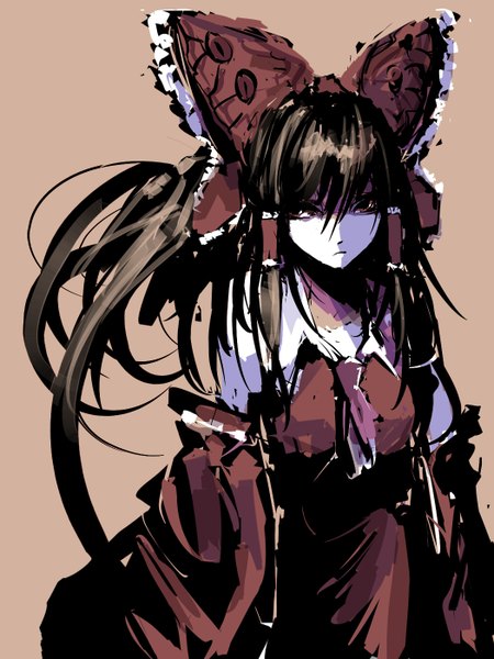Anime picture 1050x1400 with touhou hakurei reimu 31 violence (artist) long hair tall image fringe simple background brown hair girl dress hair ornament bow hair bow