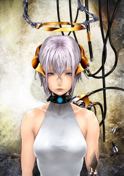 Anime picture 1697x2400 with simuka (kazakami) single tall image short hair blue eyes bare shoulders purple hair lips realistic girl halo collar wire (wires) android