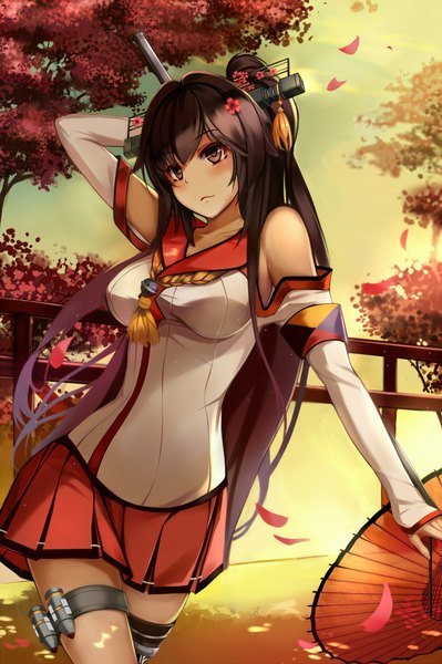 Anime picture 1338x2013 with kantai collection yamato super battleship mfinale single long hair tall image looking at viewer blush black hair brown eyes ponytail girl skirt hair ornament plant (plants) miniskirt petals tree (trees) umbrella oriental umbrella