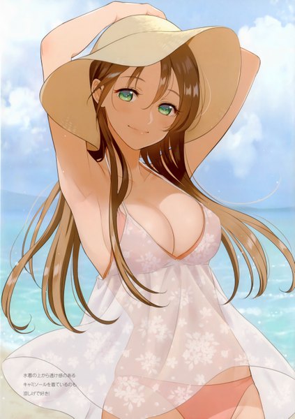Anime picture 4235x6001 with original morikura en single long hair tall image looking at viewer blush highres breasts light erotic brown hair large breasts green eyes absurdres sky cleavage cloud (clouds) outdoors light smile arms up