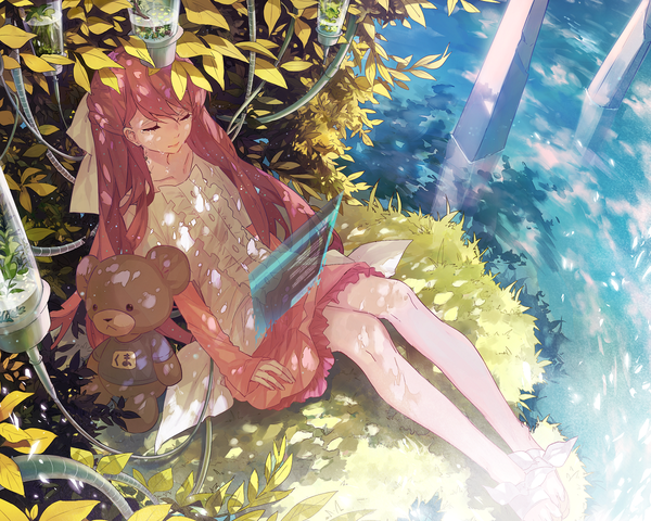 Anime picture 1200x960 with shelter (music video) rin (shelter) kane (kanekiru) single long hair fringe sitting pink hair eyes closed from above tears reflection half updo girl bow plant (plants) hair bow water leaf (leaves) toy