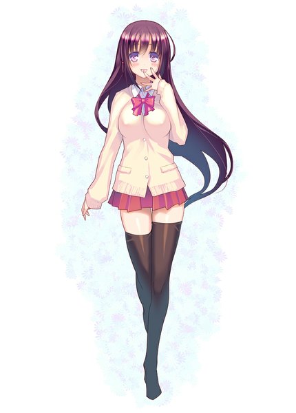 Anime picture 758x1058 with saki matsumi kuro coffee cat single long hair tall image blush open mouth simple background white background purple eyes purple hair full body zettai ryouiki girl thighhighs skirt uniform black thighhighs school uniform