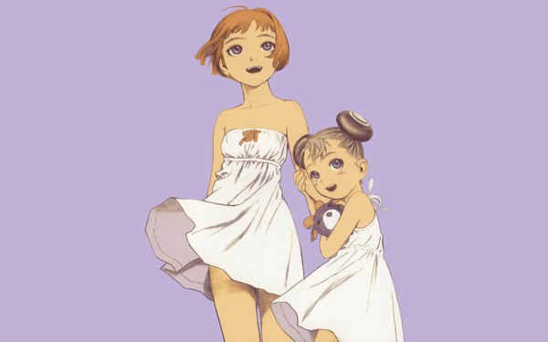Anime picture 1920x1200 with last exile gonzo lavie head alvis hamilton range murata looking at viewer fringe highres short hair open mouth simple background smile wide image standing bare shoulders multiple girls brown eyes looking away :d wind