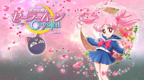 Anime picture 1920x1080 with bishoujo senshi sailor moon toei animation chibiusa luna p long hair highres red eyes wide image twintails pink hair pleated skirt pink eyes wind hair bun (hair buns) spread arms crescent space girl skirt uniform