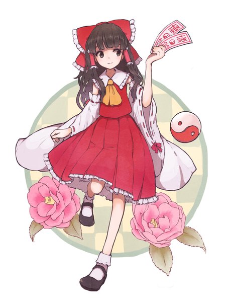 Anime picture 1200x1600 with touhou hakurei reimu aoyagi neko single long hair tall image fringe simple background smile brown hair white background brown eyes looking away traditional clothes miko yin yang girl skirt flower (flowers) bow
