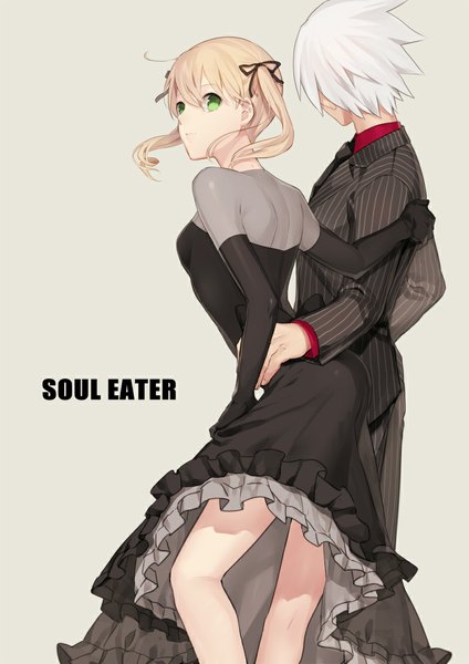 Anime picture 800x1131 with soul eater studio bones maka albarn soul eater evans yayata (884) long hair tall image fringe short hair simple background blonde hair standing twintails green eyes white hair looking back inscription teeth legs couple