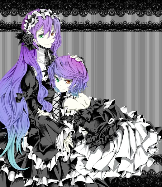 Anime picture 1300x1500 with vocaloid anti the infinite holic (vocaloid) megurine luka kagamine rin guriko (piapro) long hair tall image looking at viewer short hair smile multiple girls purple hair heterochromia hand on another's head girl dress 2 girls headdress rose (roses)